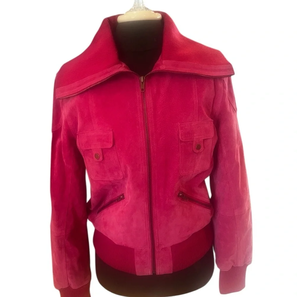 NWT NOS Cuero Pink Fuchsia Suede Bomber Jacket Vintage 2000 Medium - Picture 4 of 15